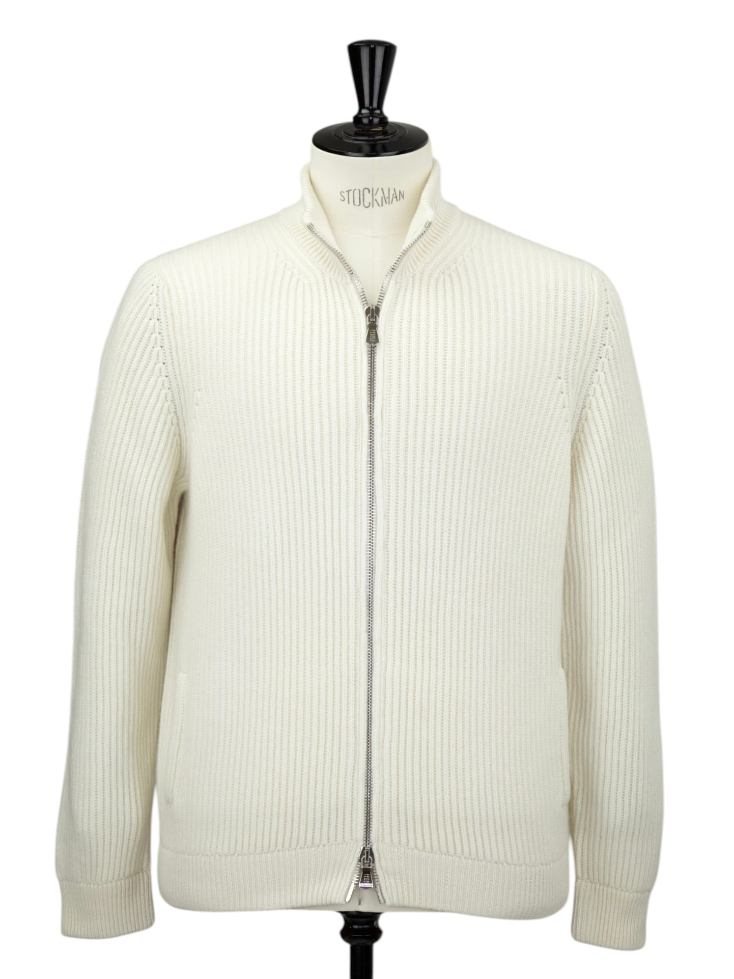 Fedeli Offwhite Rib-Knitted Cashmere Fullzip Knitwear