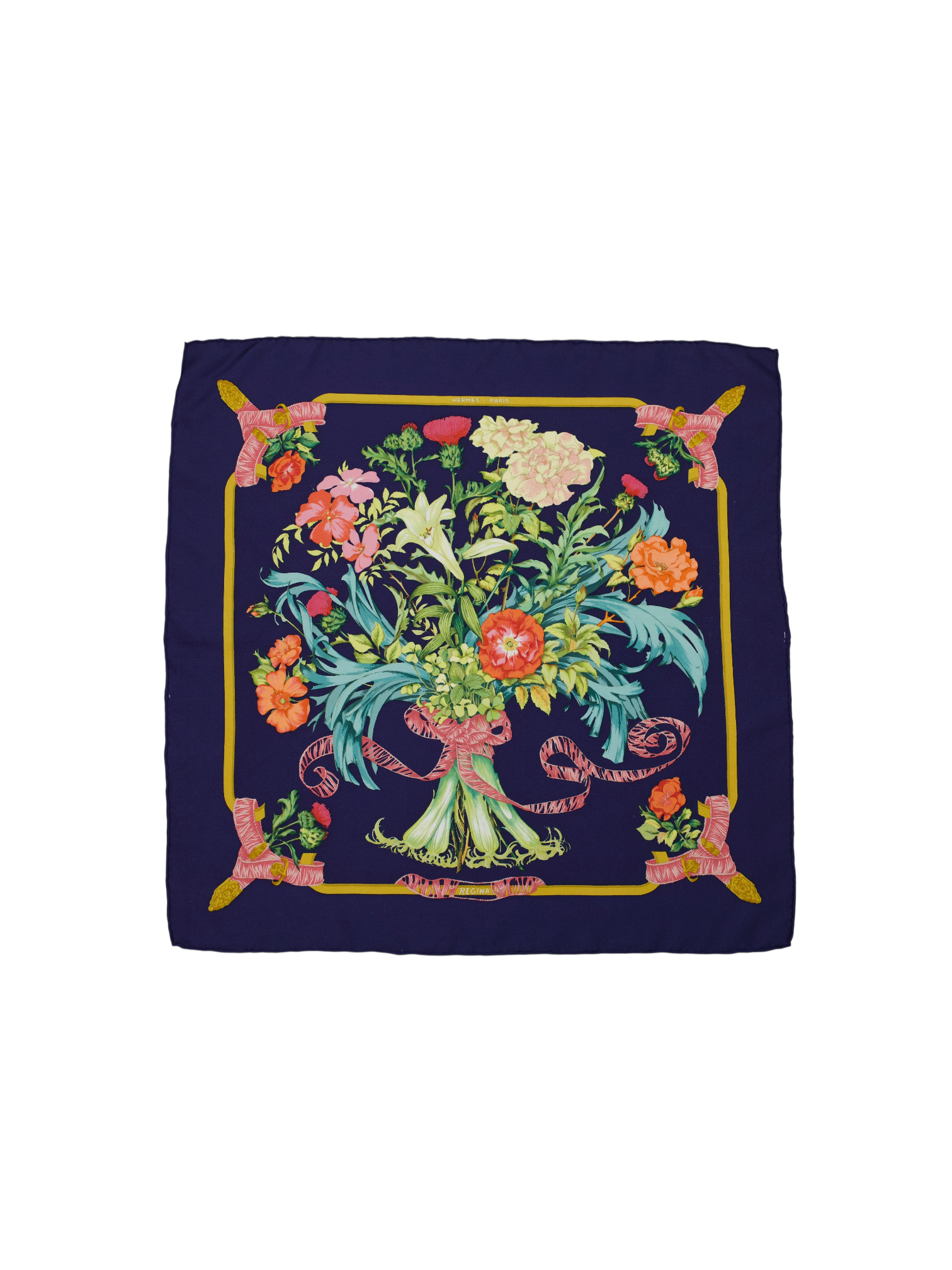Hermès Navy Multicolor Silk Floral Ribbon “Regina” Pocket Square