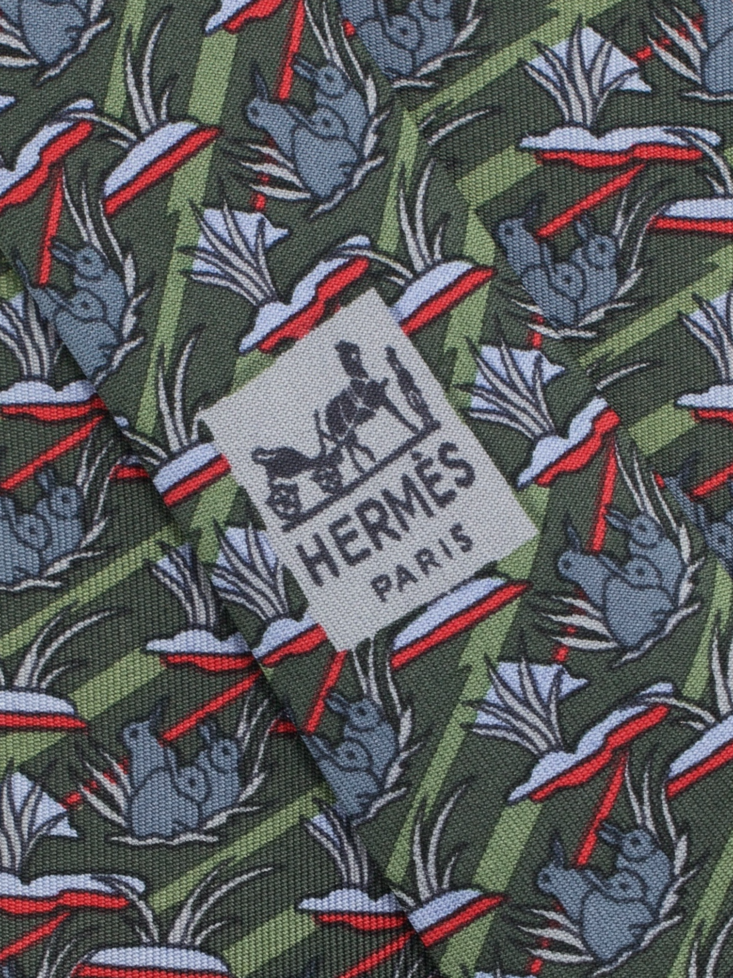 Hermès Olive Green & Red Silk Bunny Pattern Tie