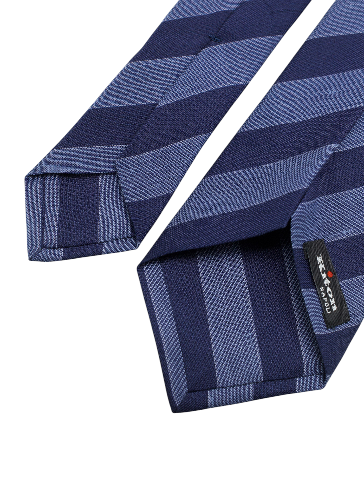 Kiton 5-Fold Steel Blue & Navy Silk & Linen Club Stripe Tie