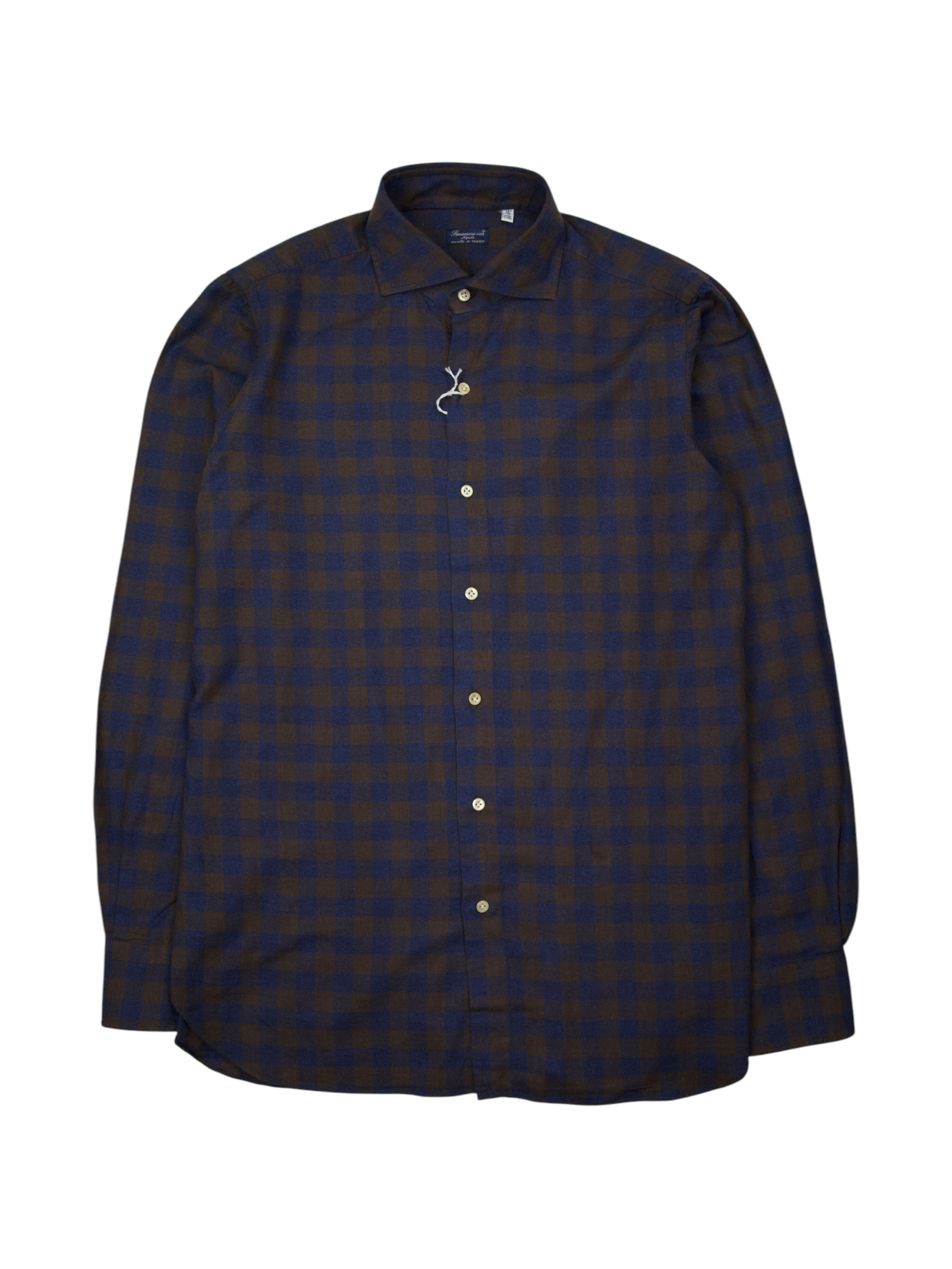 Finamore Navy & Chocolate Brown Cotton-Flannel Checkered Shirt