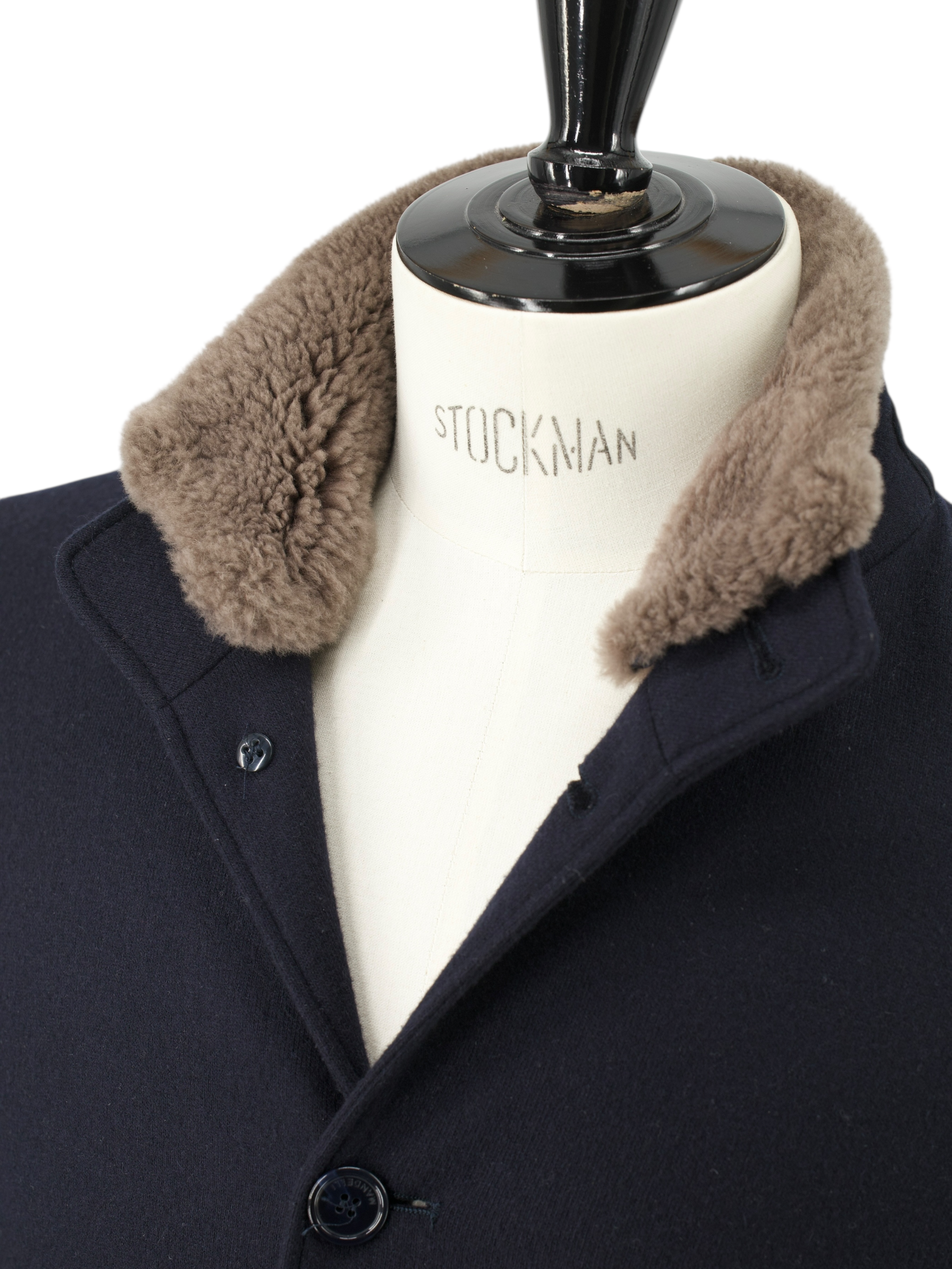 Mandelli Navy Double-Faced Stretch Cashmere & Castorino Fur Collar Overcoat