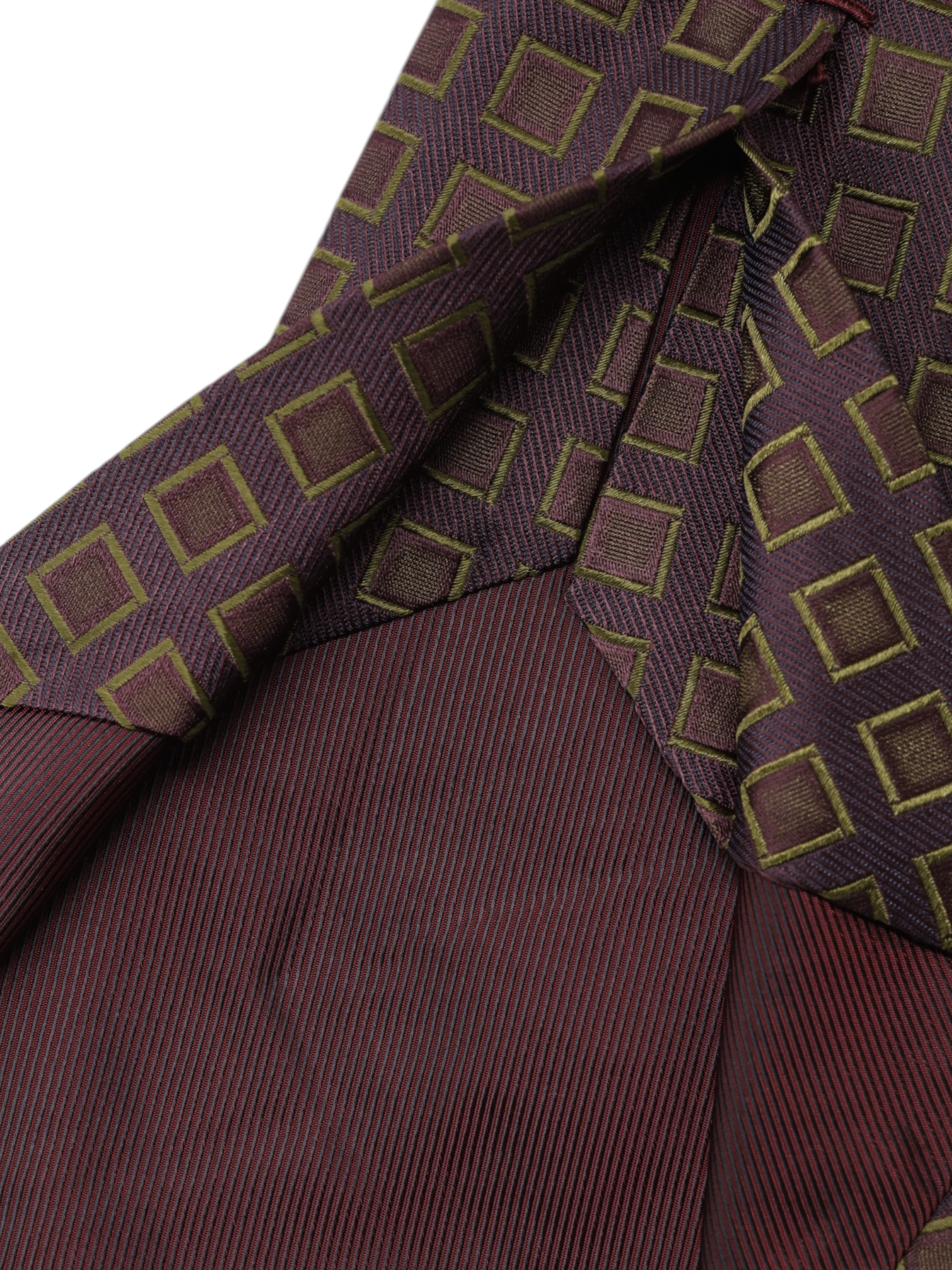 Kiton 5-Fold Burgundy & Bronze Silk Square-Pattern Tie