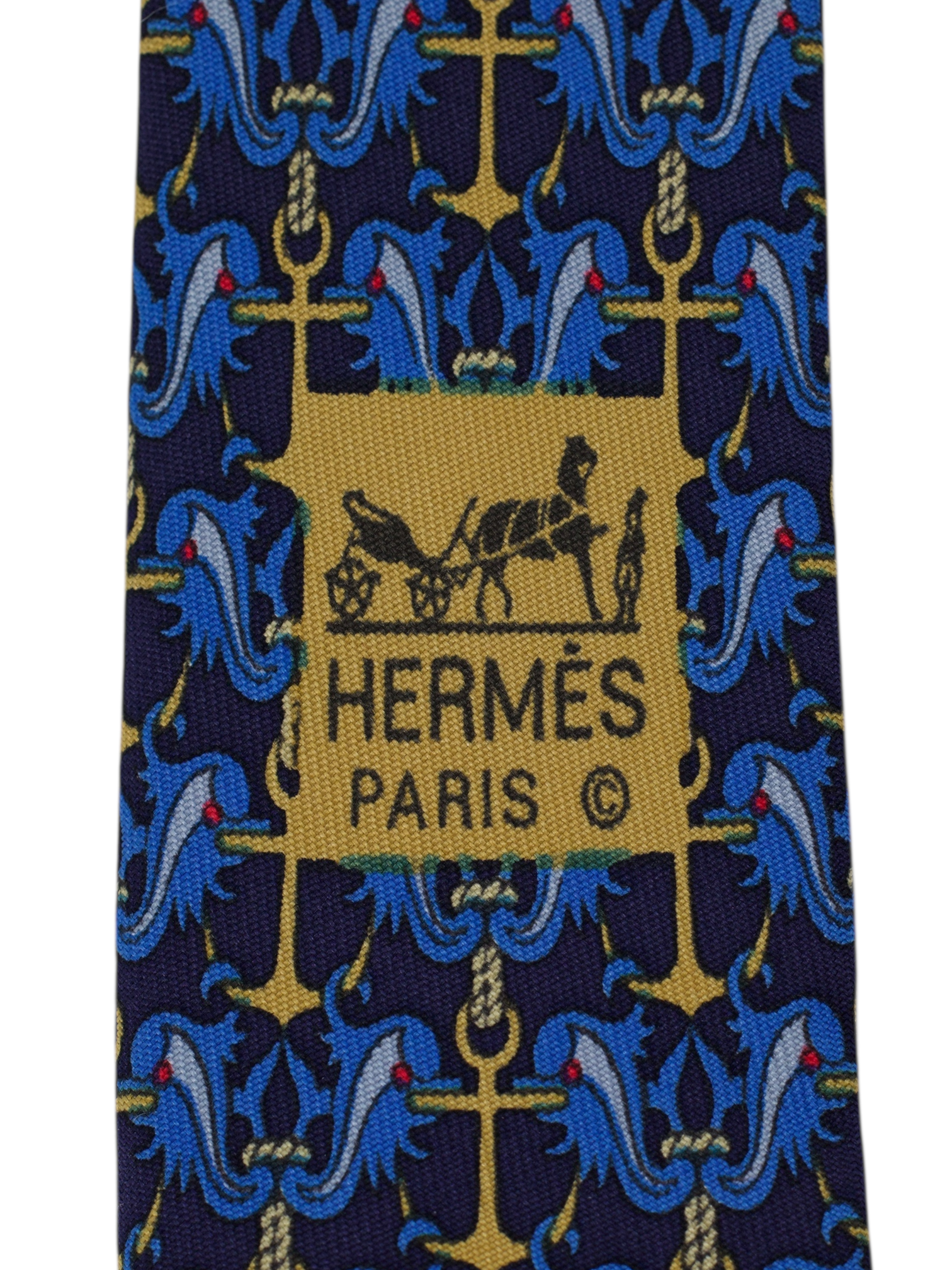 Hermès Navy & Gold Anchors Silk Blue Dolphin Tie
