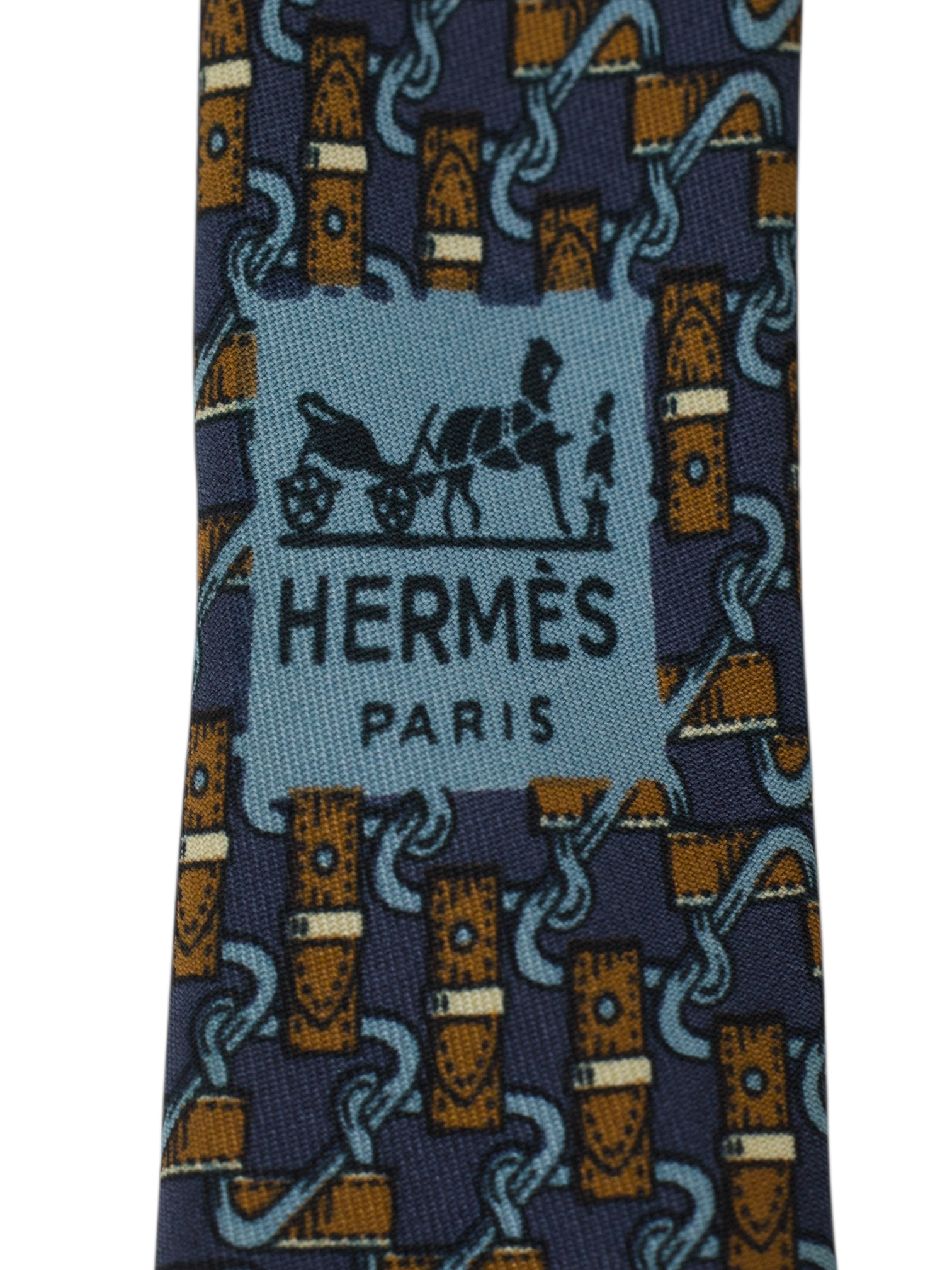 Hermès Navy & Bronze Silk Hardware Chain-Motif Tie
