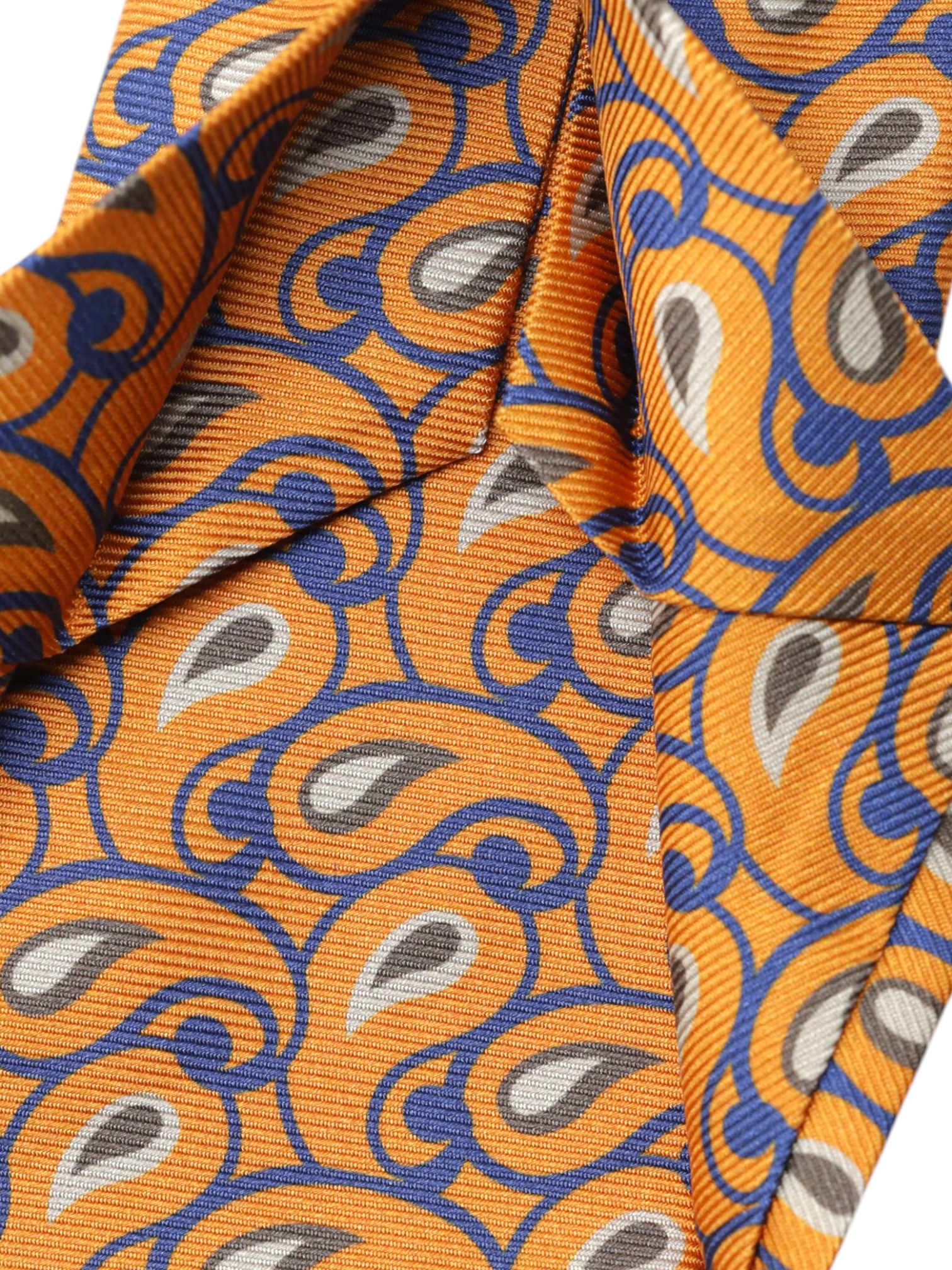 Kiton 5-Fold Orange & Royal Blue Silk Paisley Self-Tipped Tie