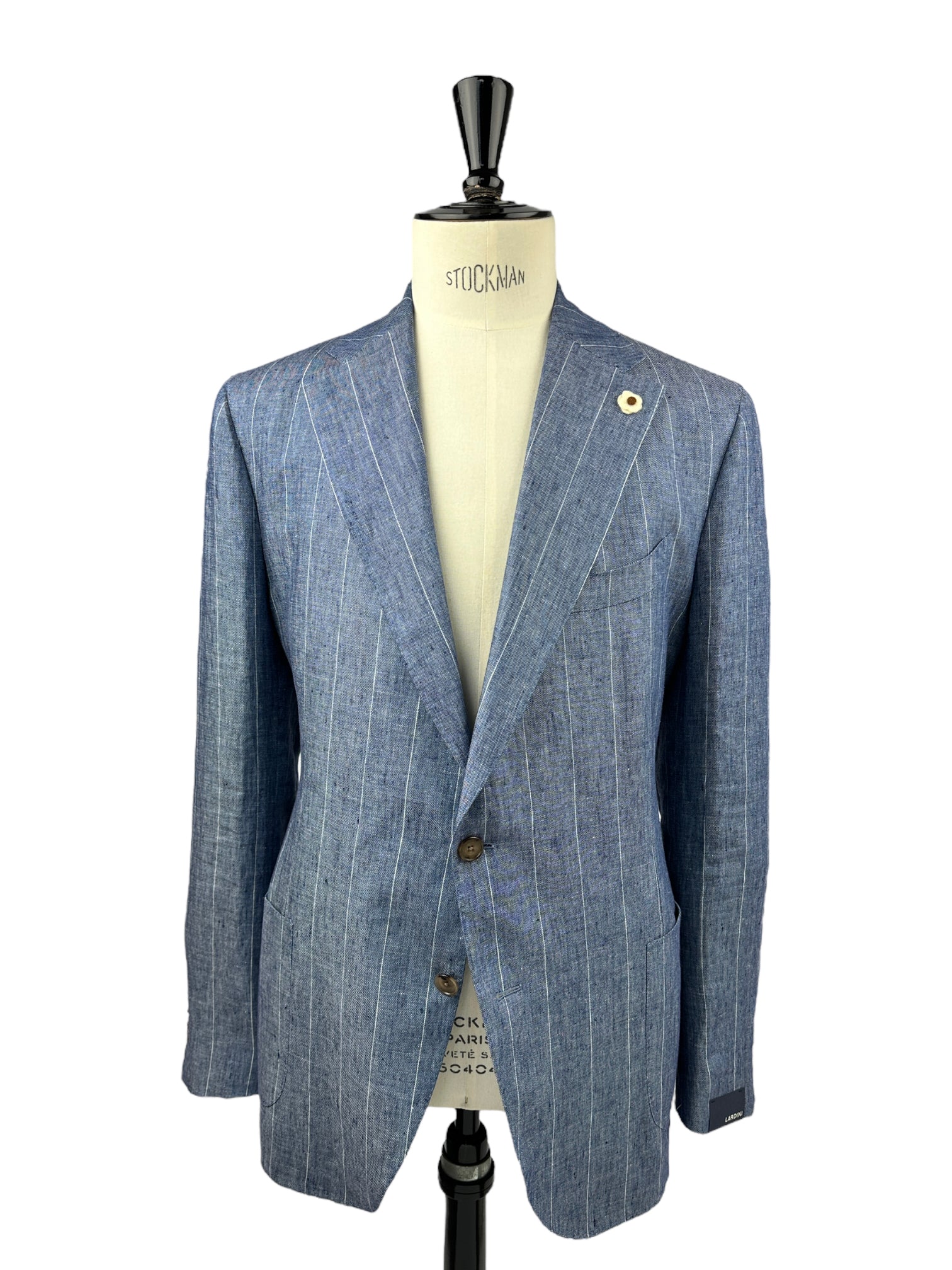 Lardini denim blauw linnen krijtstreep jasje