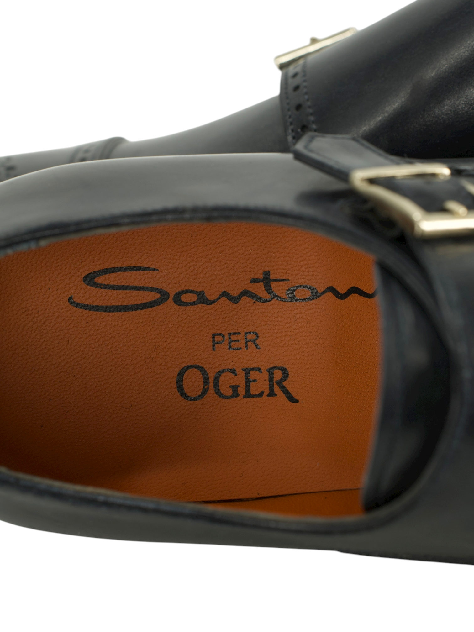 Santoni Black Calfleather Perforated-Captoe Double Monk Shoes