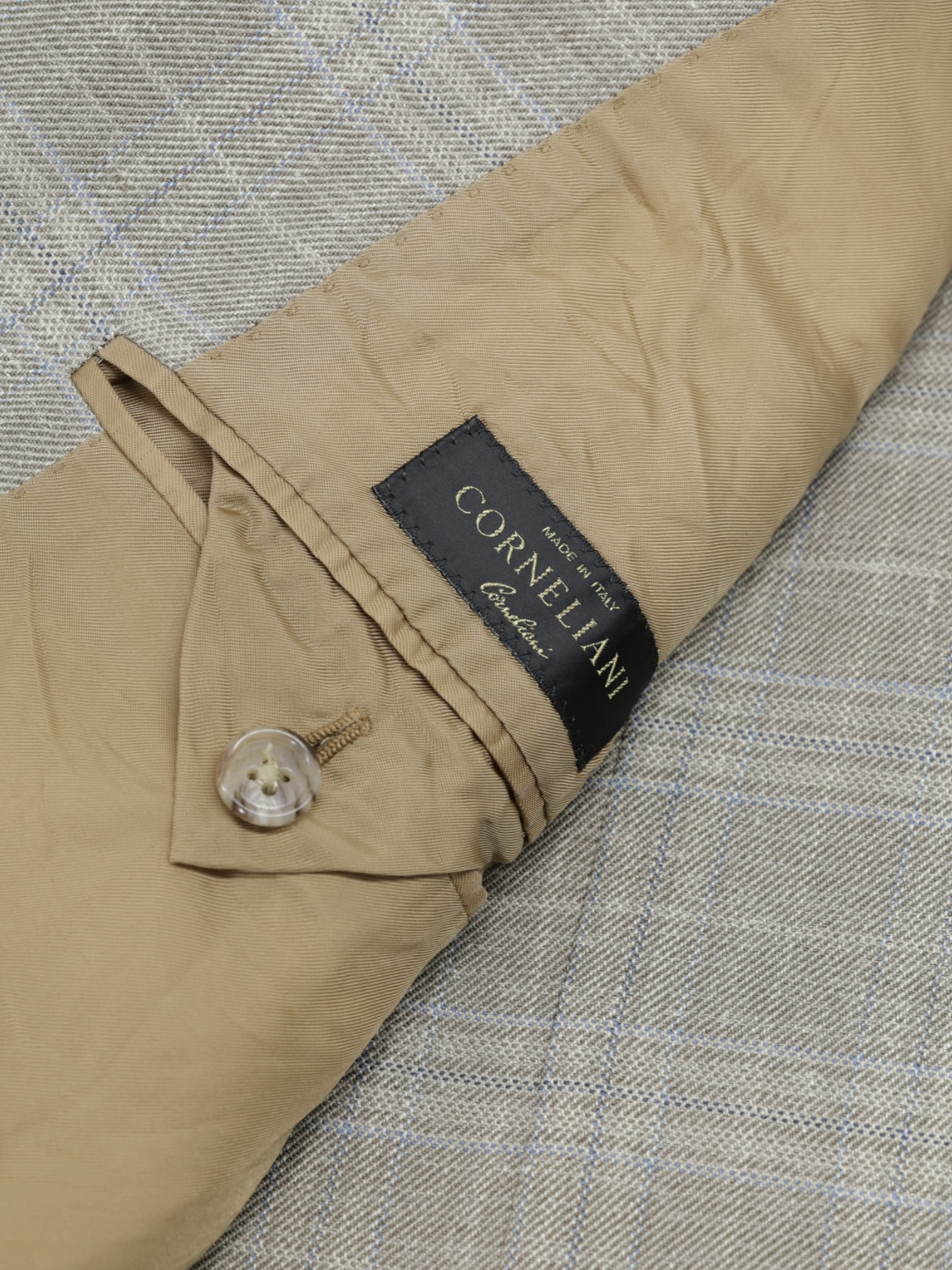 Corneliani Taupe & Light Blue Wool, Silk & Linen Checkered Jacket