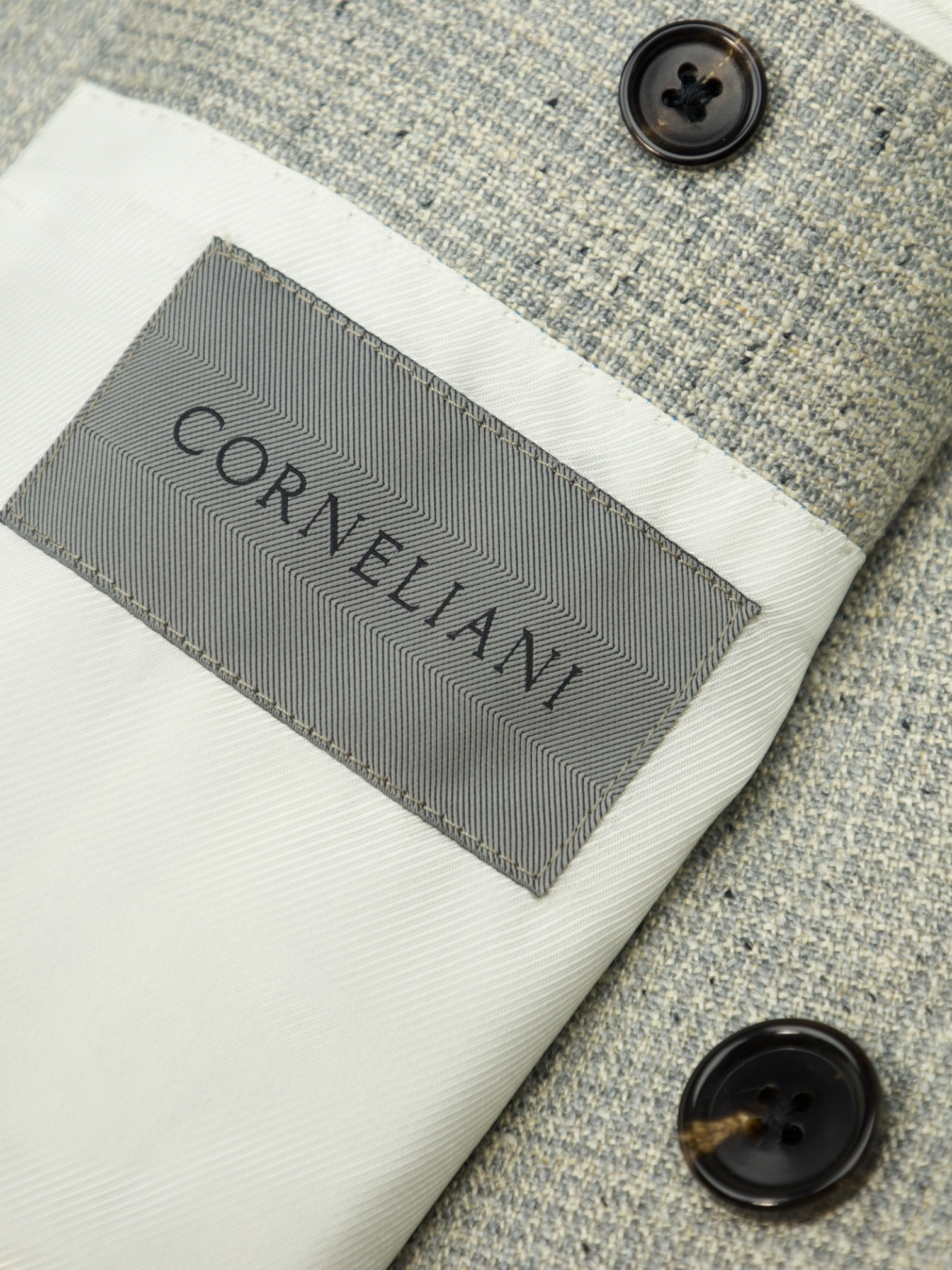 Corneliani Light Grey Double Breasted Silk, Linen & Wool Micro-Pattern Jacket