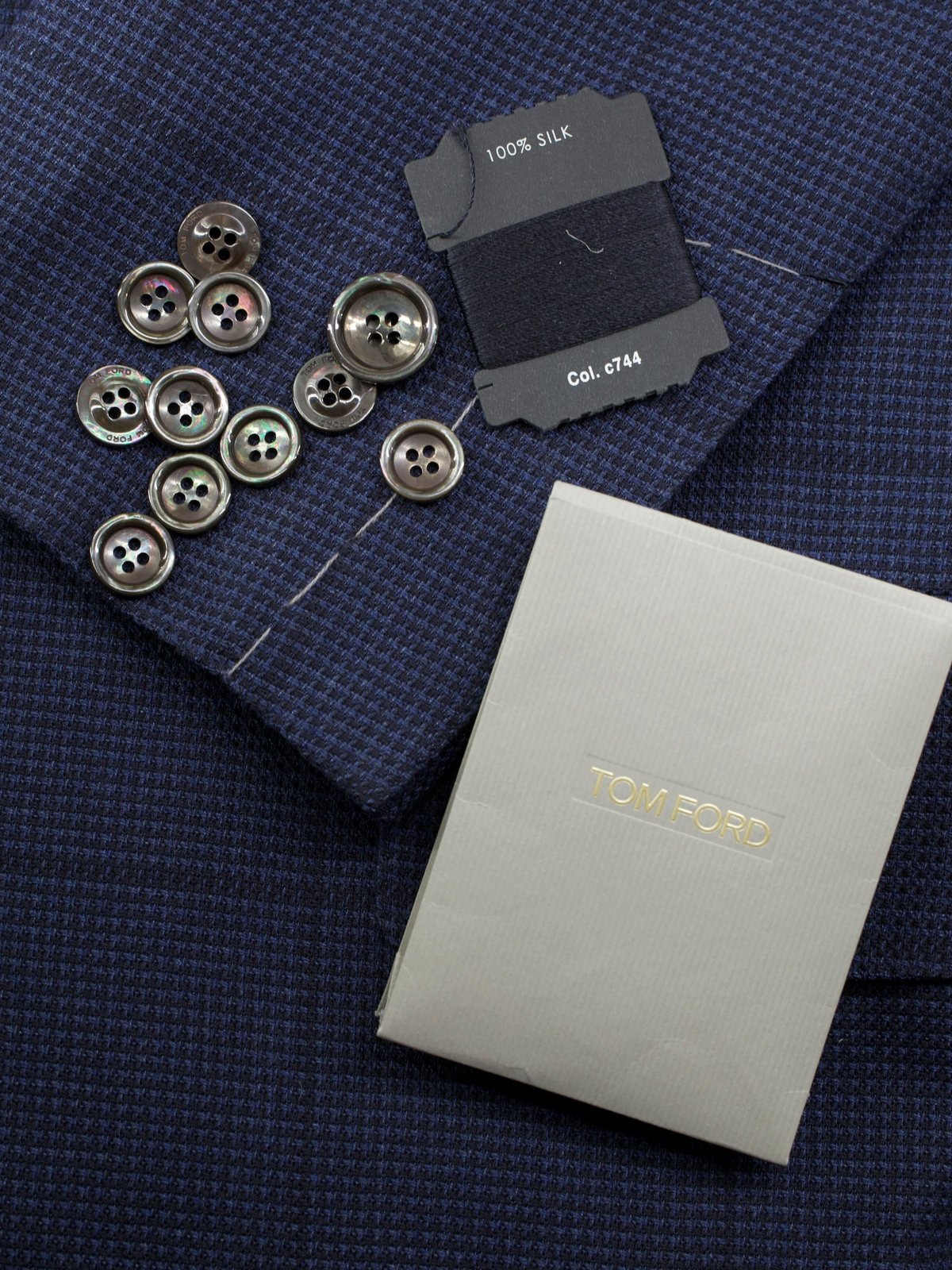 Tom Ford Dark Blue Pure Silk Basket-Weave Windowpane Jacket