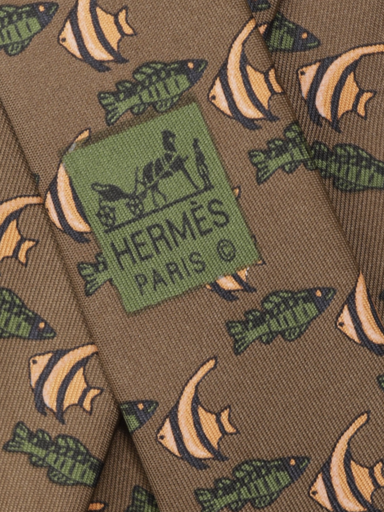 Hermès Bronze & Orange Silk Fish-Pattern Tie