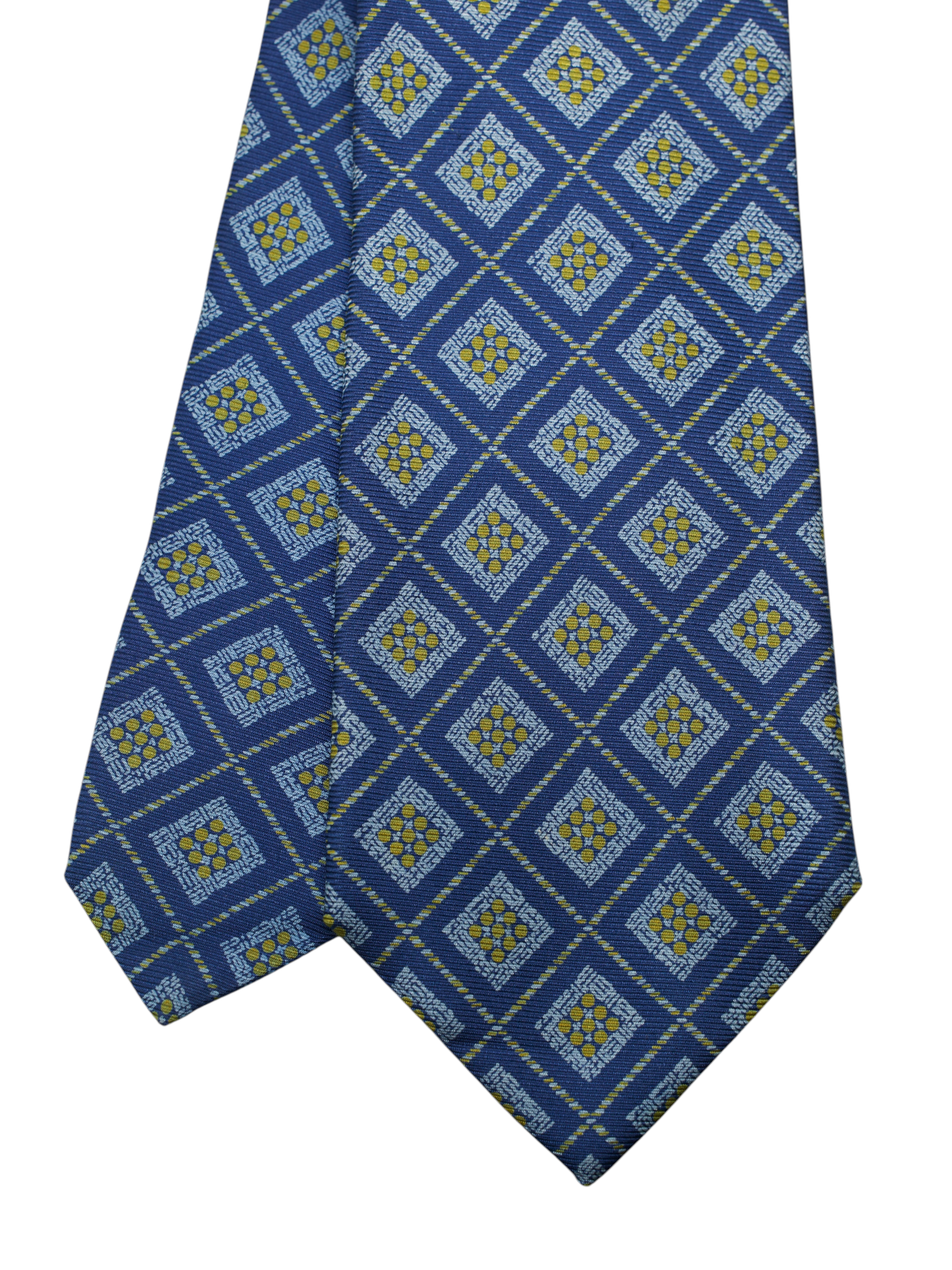 Kiton 5-Fold Denim Blue & Yellow Silk Square-Medaillon Pattern Tie