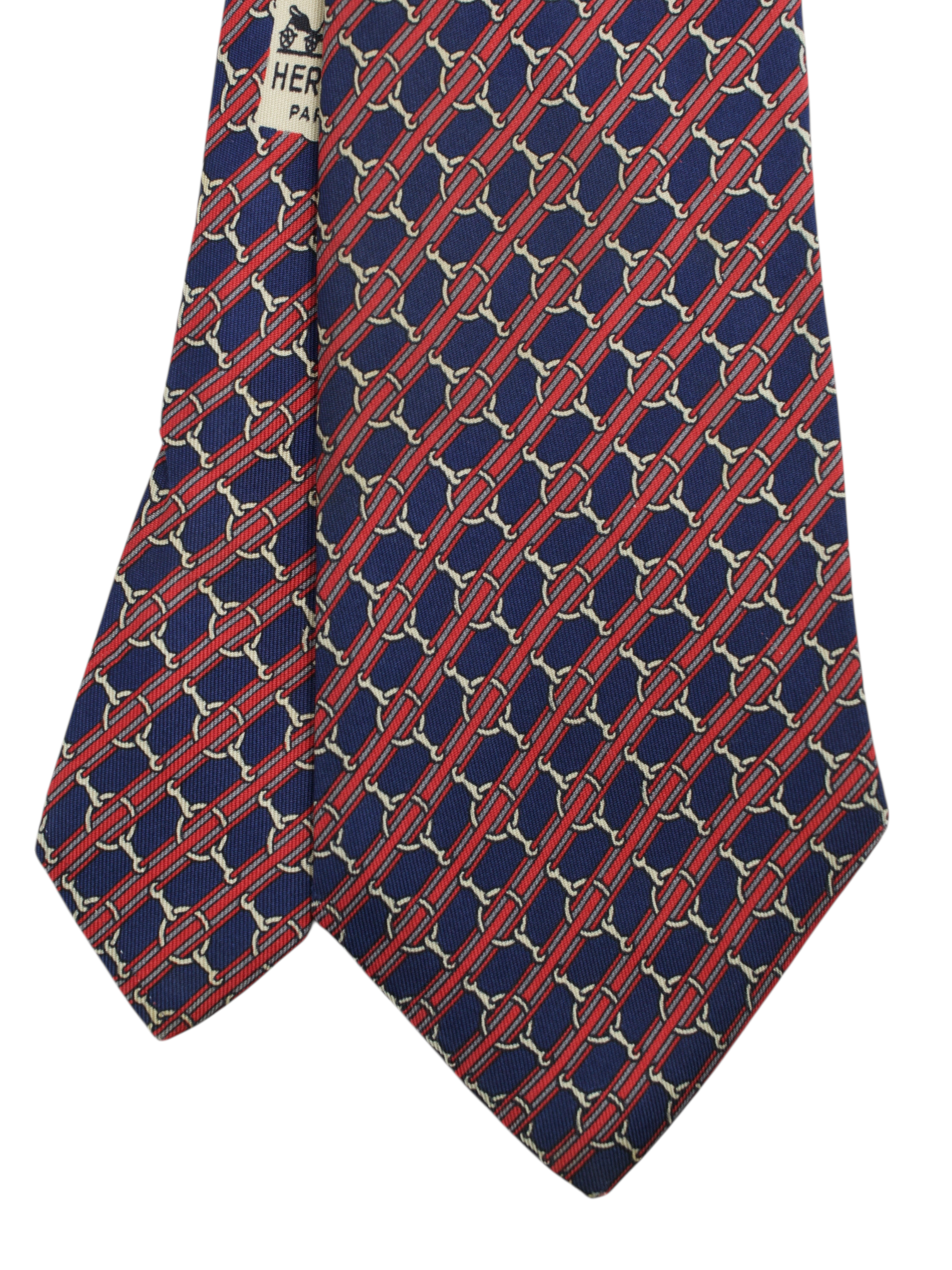 Hermès Navy & Red Silk Striped Horsebit Pattern Tie
