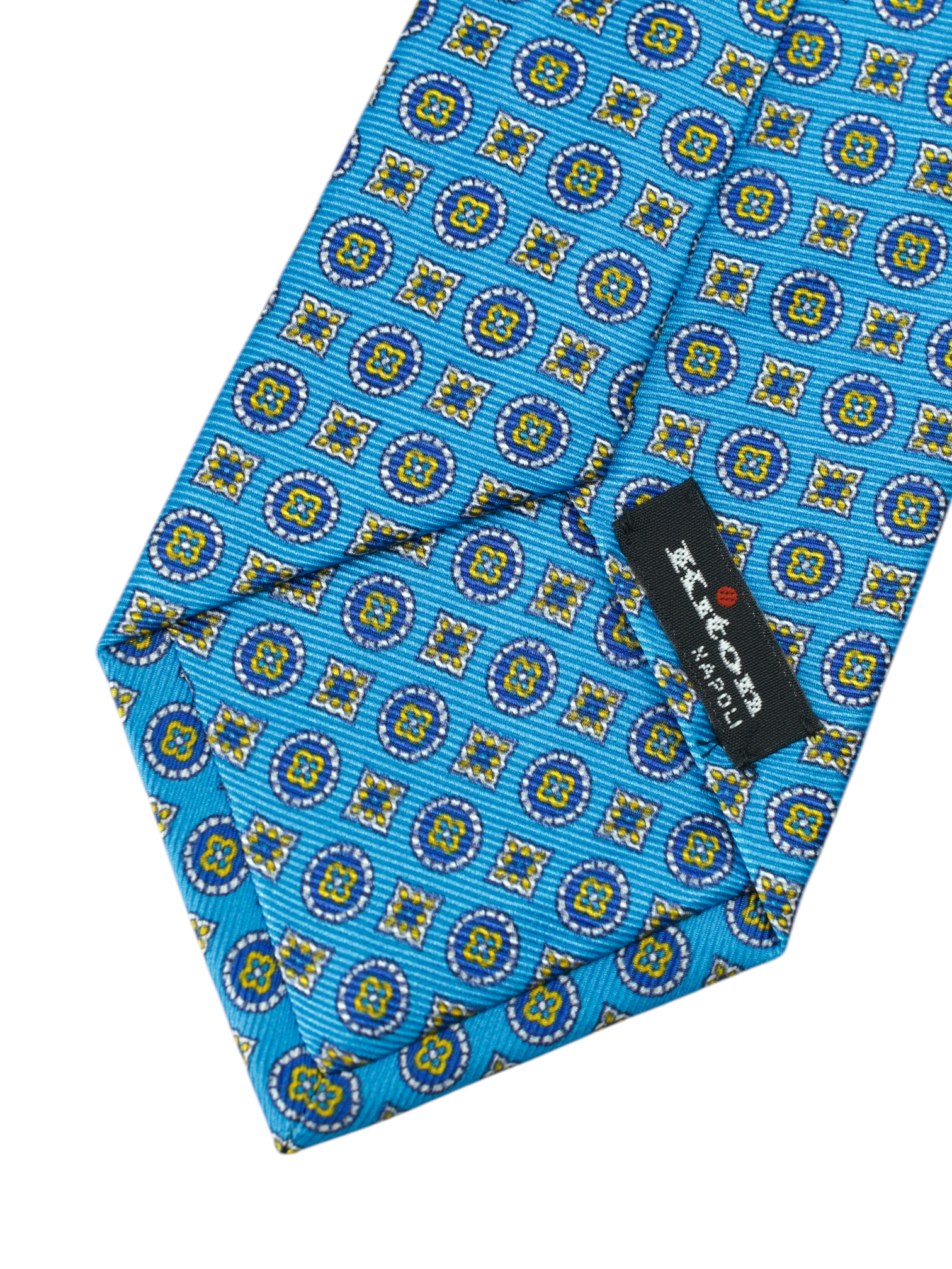 Kiton 5-Fold Light Blue & Navy Silk Geometric Pattern Tie