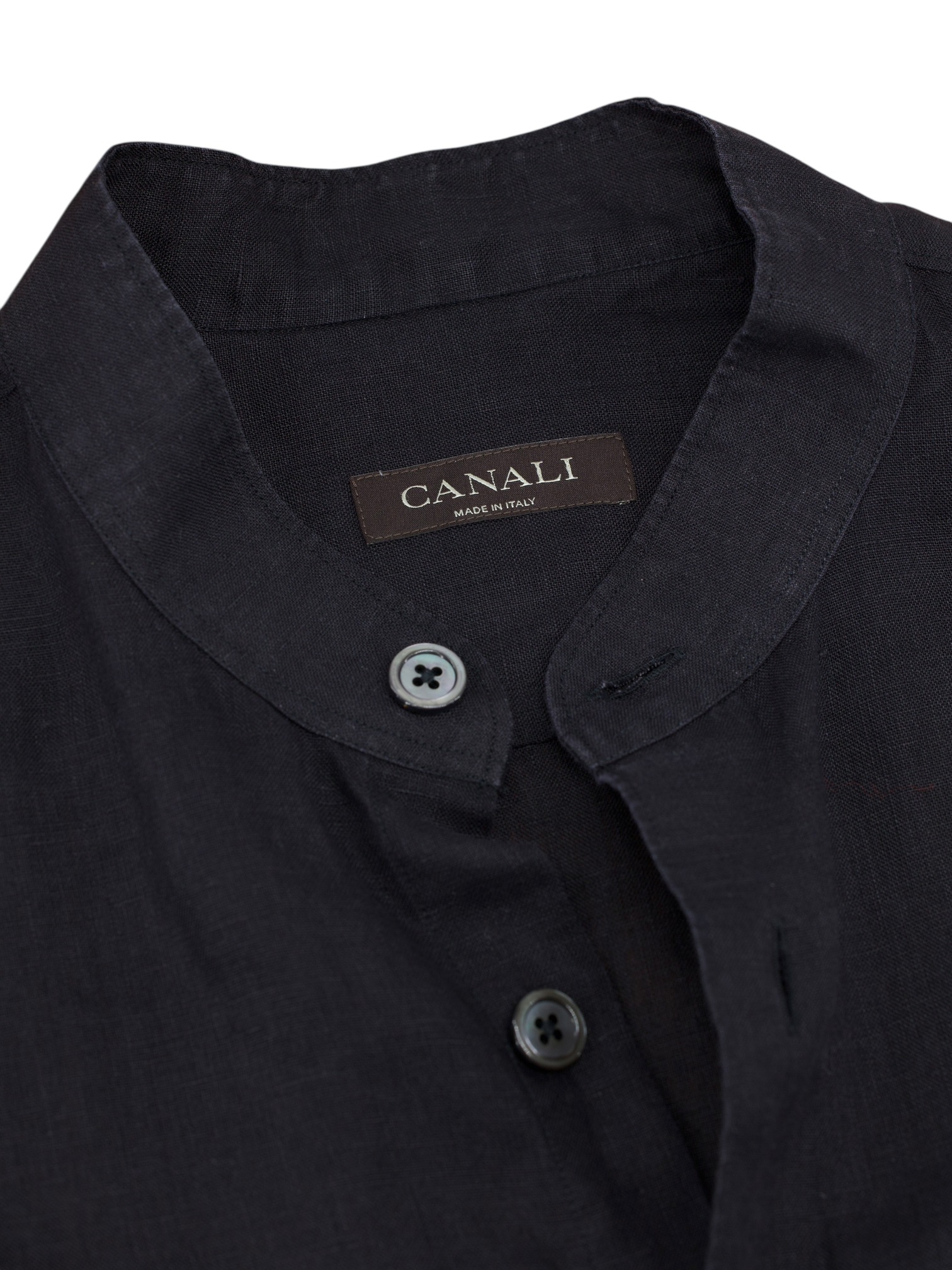 Canali Black Pure Linen Mandarin-Collar Summer Shirt