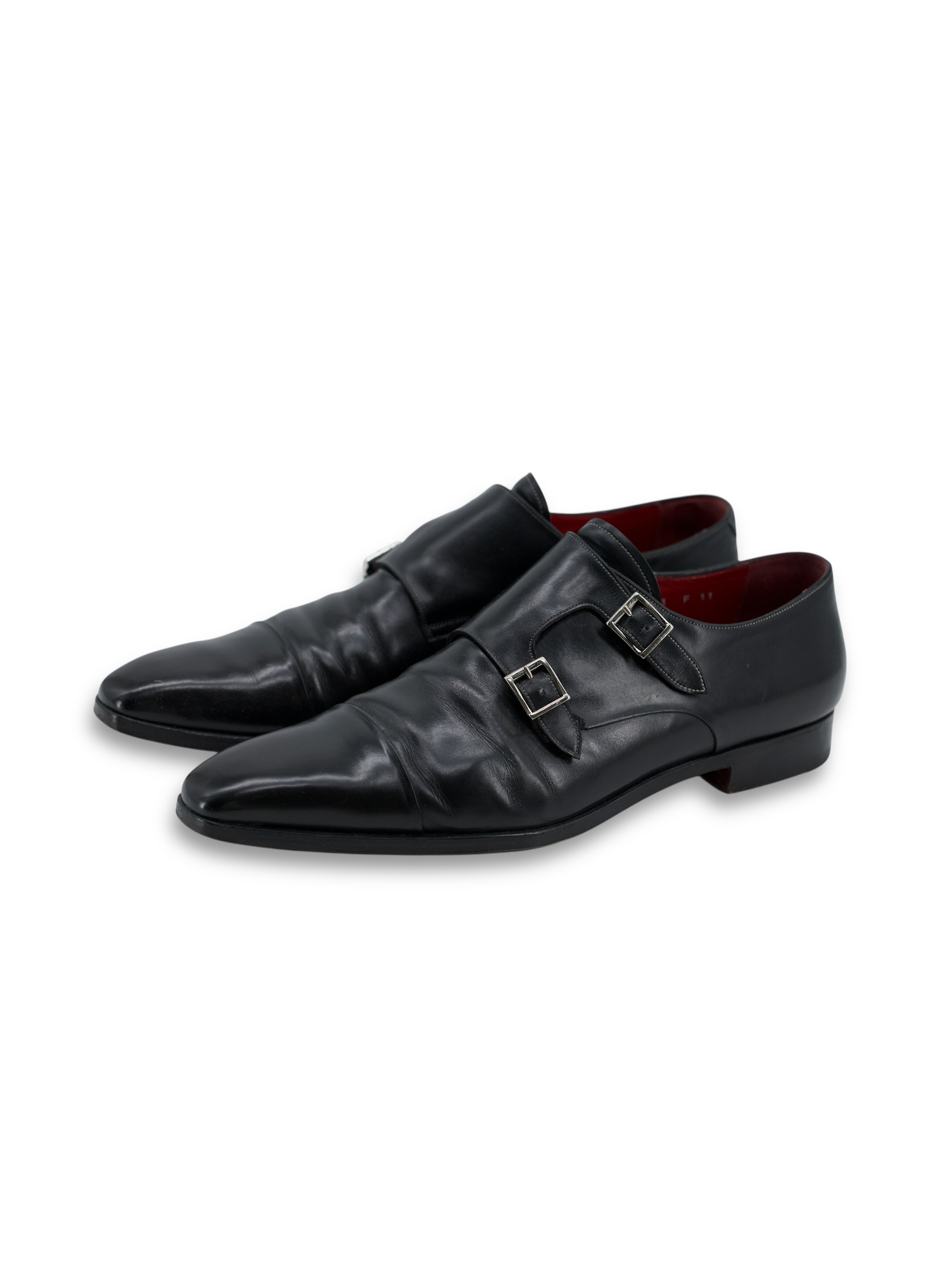 Santoni Black Calfleather Goodyear Welted Double Monk-Straps