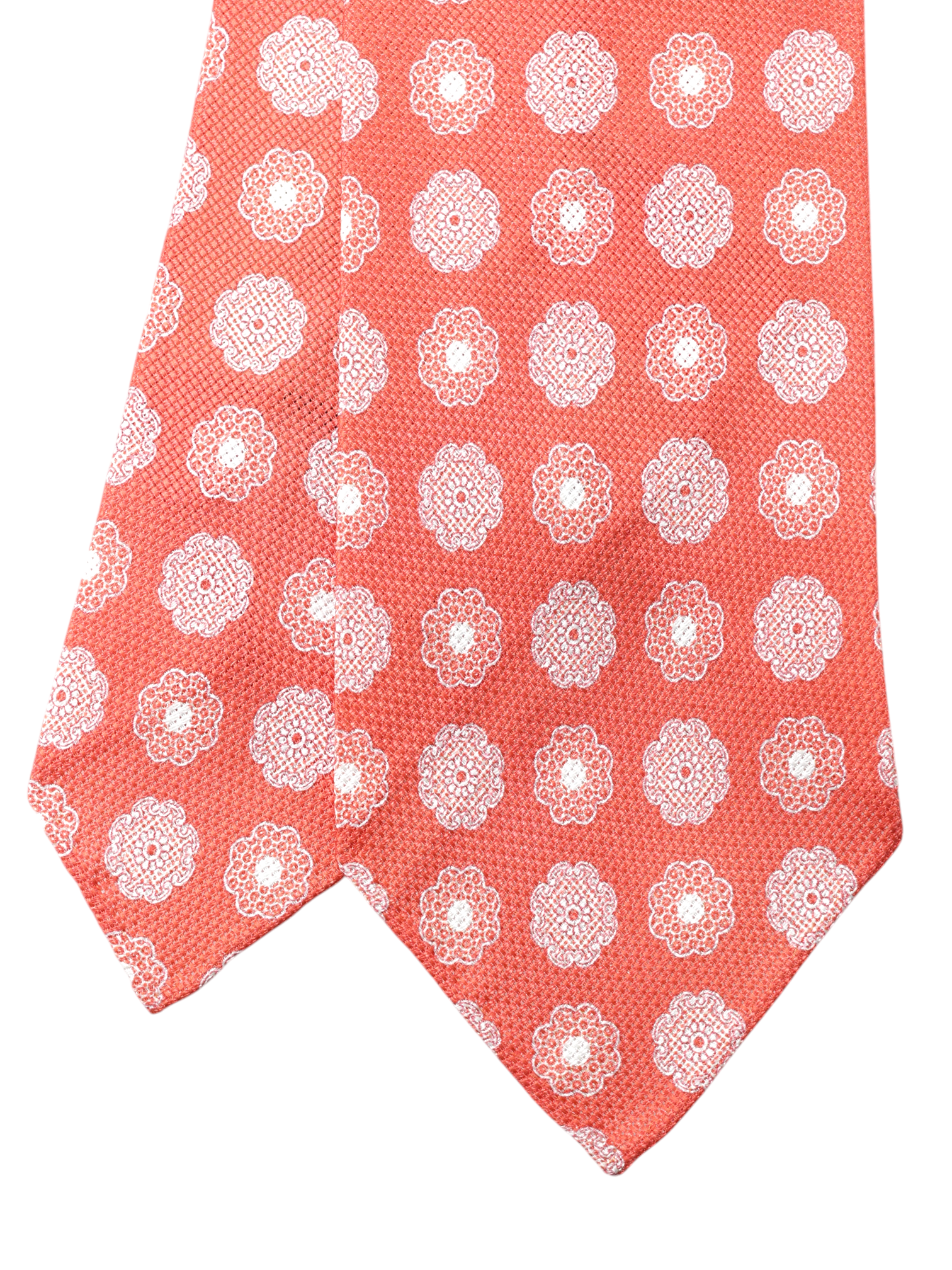 Kiton 5-Fold Coral Red Silk Floral-Pattern Untipped & Handrolled Tie