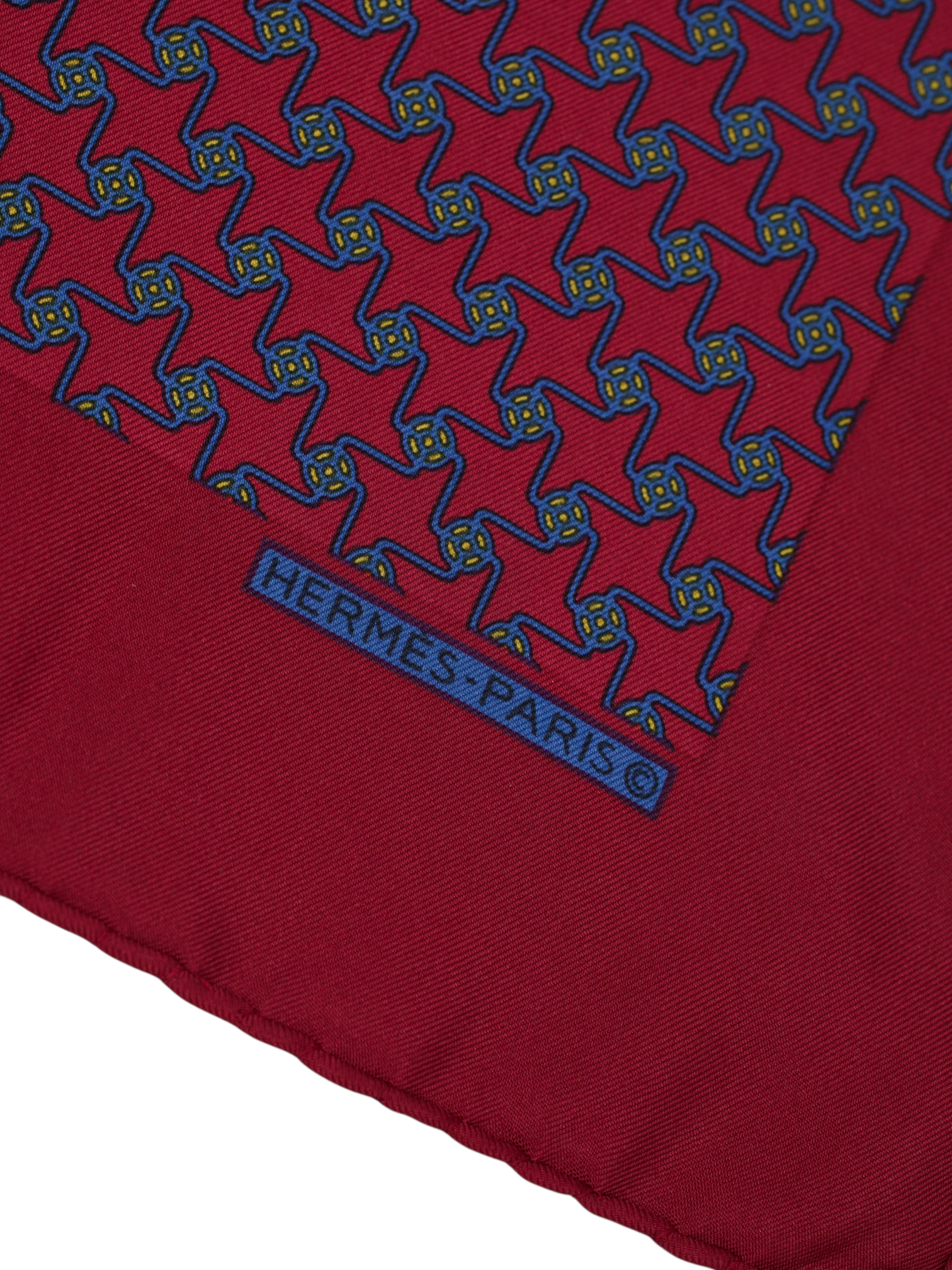 Hermès Red & Navy Silk Geometric Zigzag Pocket Square