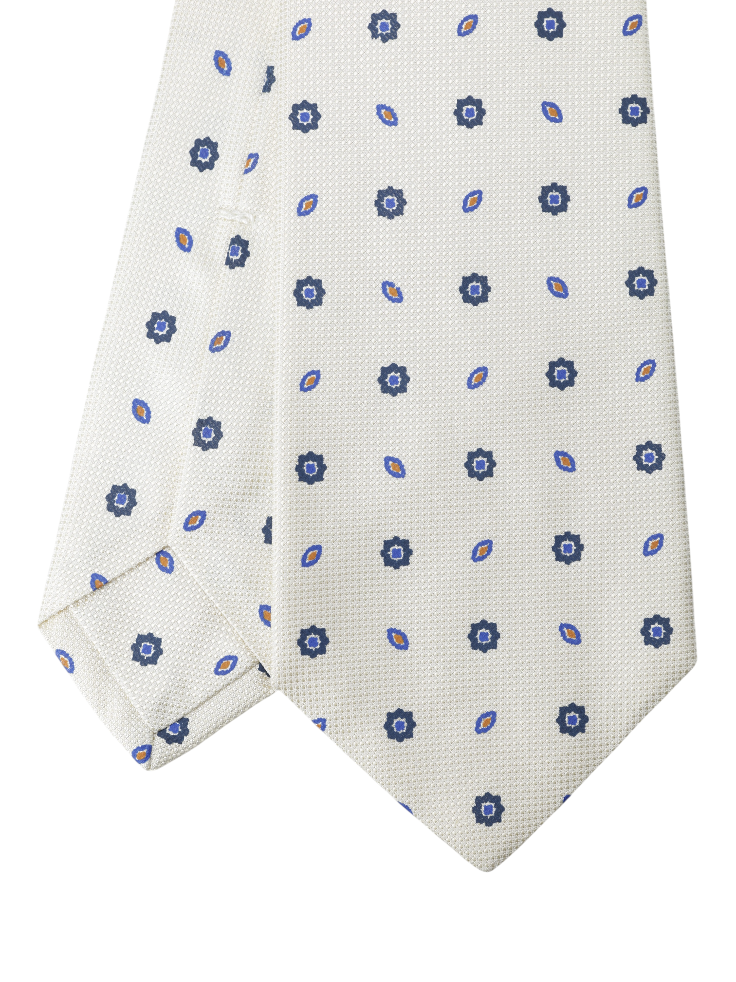 Kiton 5-Fold Crème & Navy Silk Vintage-Pattern Self-Tipped Tie