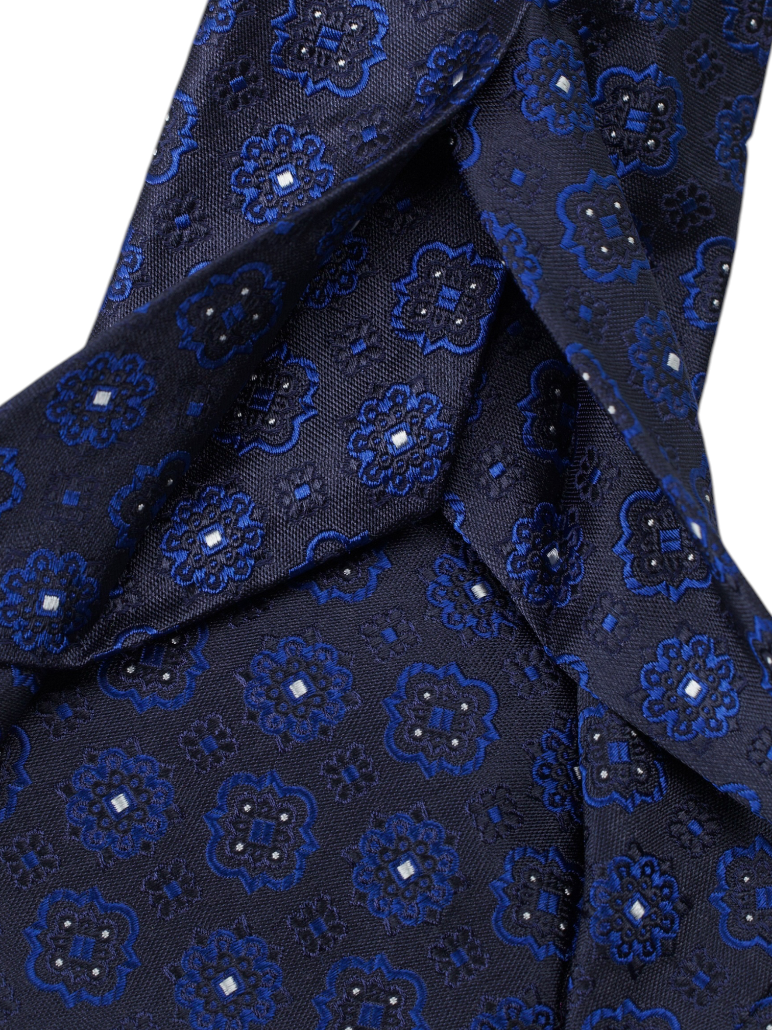 Kiton 5-Fold Navy & Azure Blue Silk Floral-Medaillon Tie