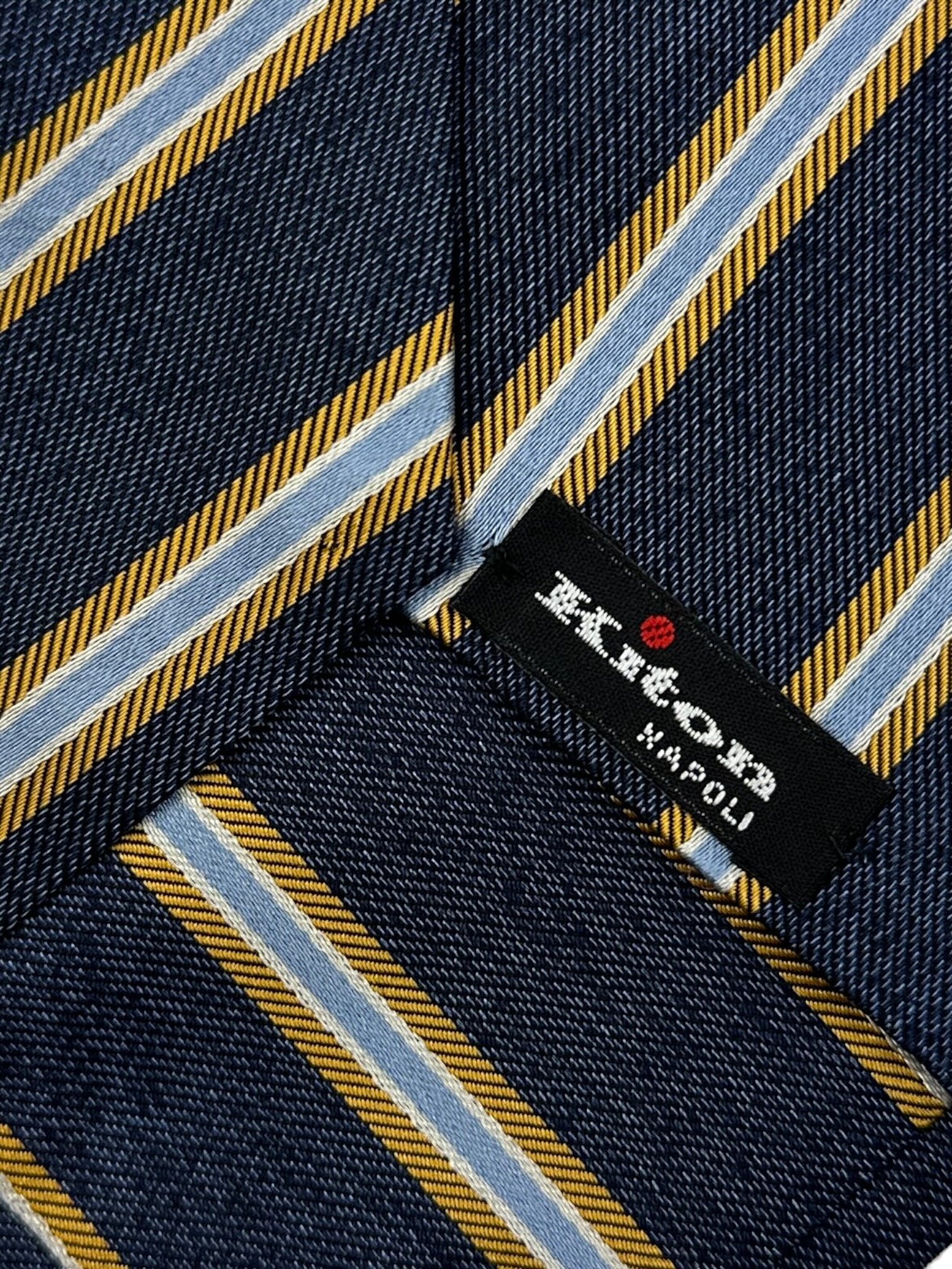 Kiton 7-voudige denimblauwe en gele zijden stropdas