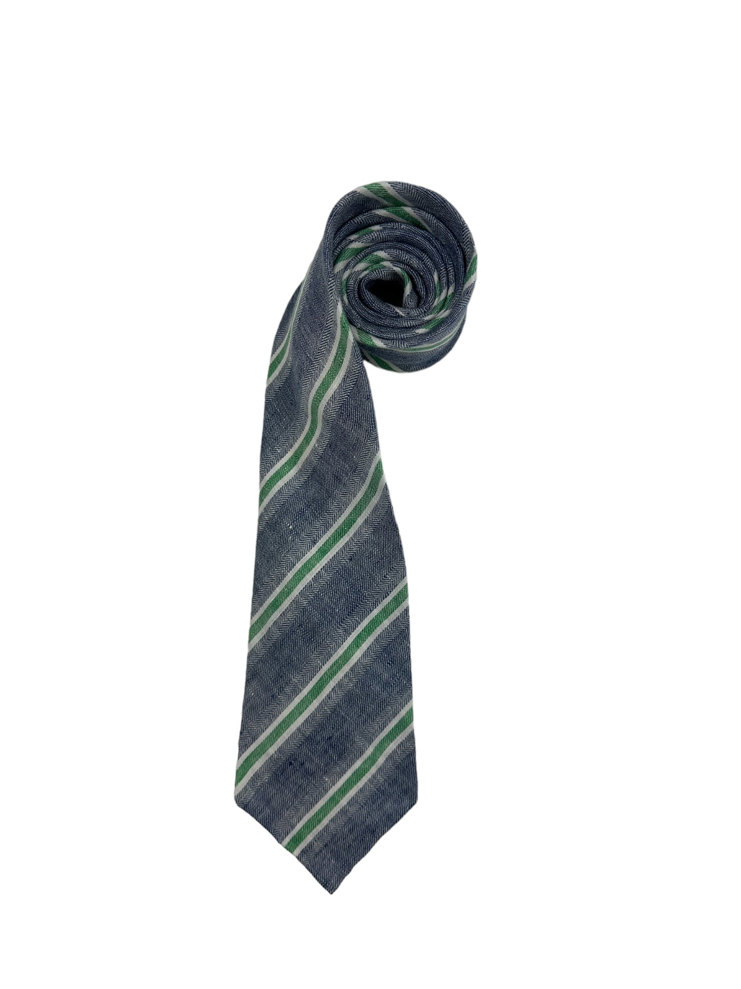 Kiton 7-voudige denimblauwe en groene gestippelde linnen stropdas zonder punt
