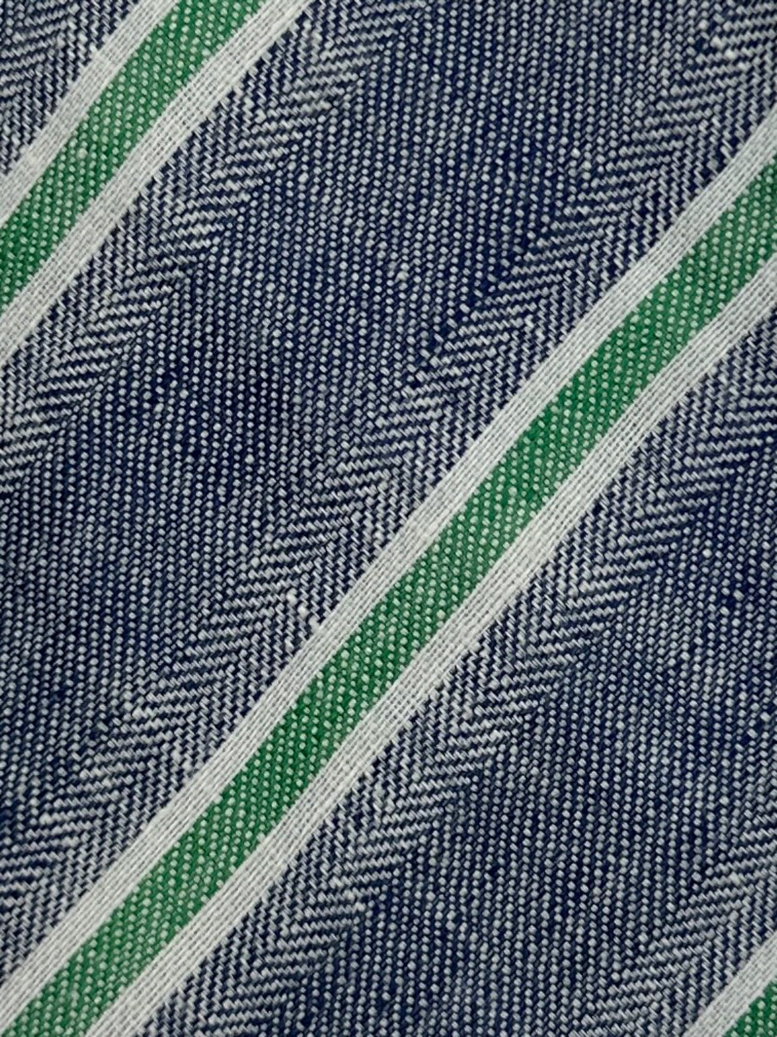 Kiton 7-Fold Denim Blue and Green Stiped, Untipped Linen Tie